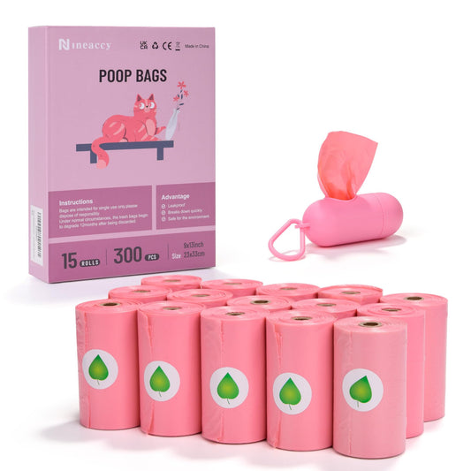 WDFAACK Biodegradable Pink Dog Poo Bags Lavender scent with Dispenser - 300 Large Poop Bags Extra Thicken Strong Corn Starch Blended Compostable Leak Proof Poop Waste Bag for Dogs